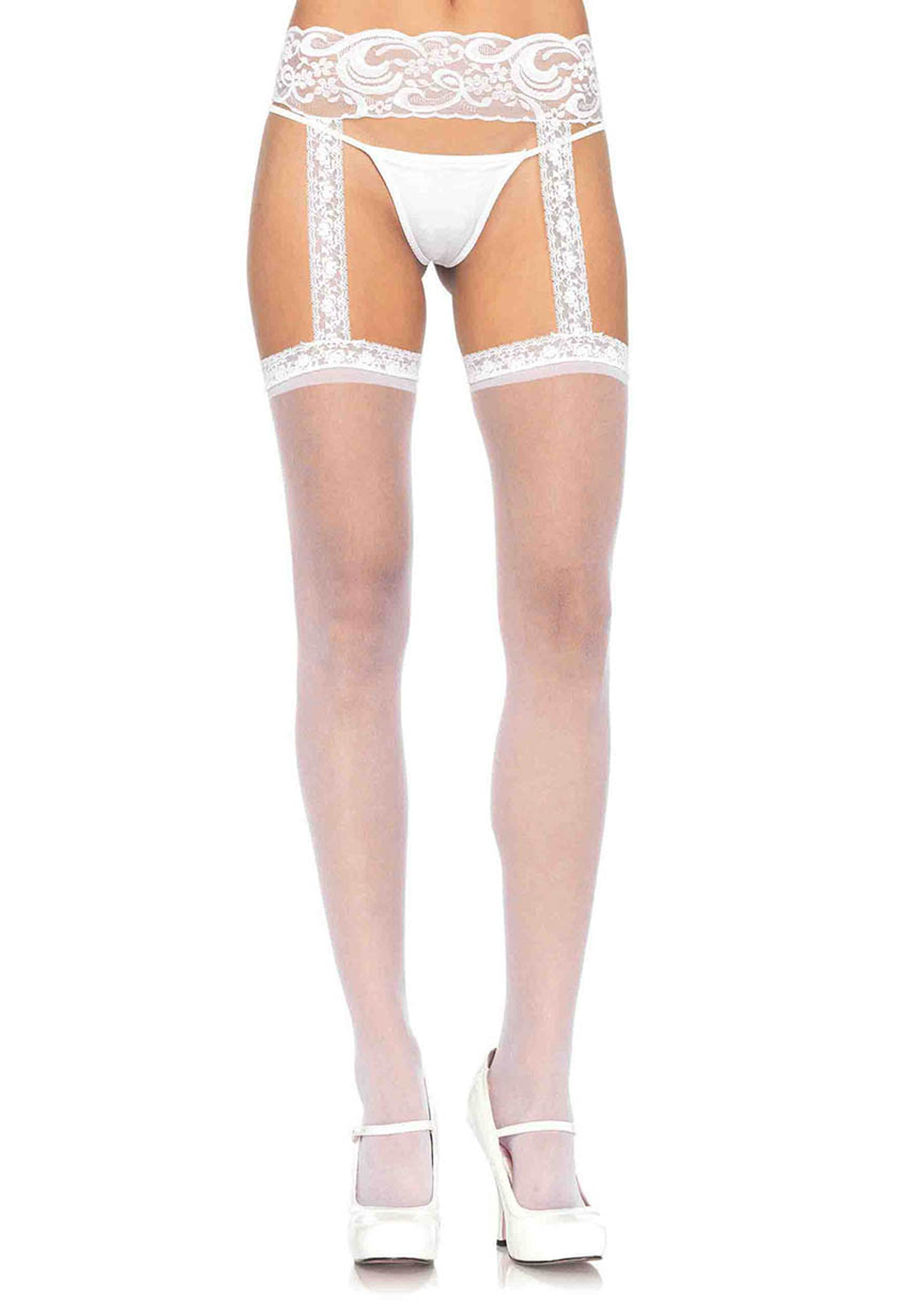 Sheer Thigh High w/Attached Lace Garter Belt O/S - One Size / White