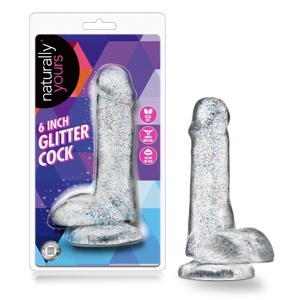 Naturally Yours Glitter Dildo With Balls 6in - Clear