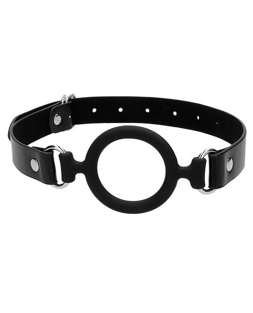 Black & White Silicone Ring Gag with Adjustable Bonded Leather Straps - Black