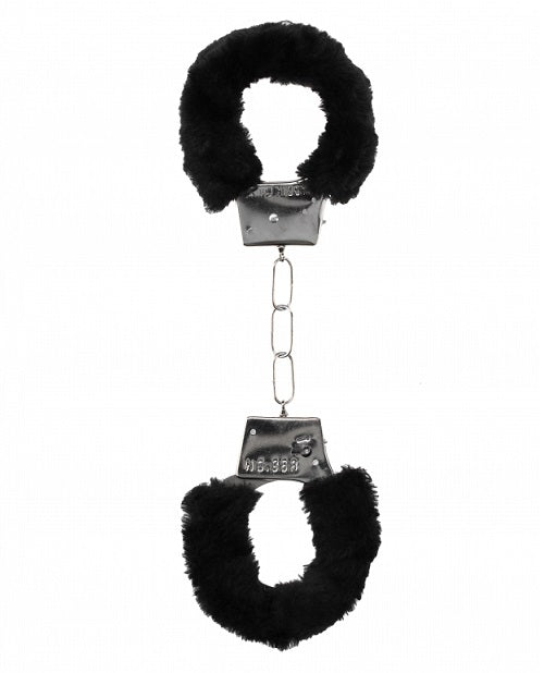 Black & White Pleasure Furry Hand Cuffs - With Quick-Release Button