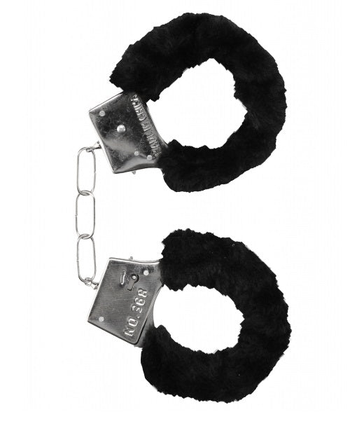 Black & White Pleasure Furry Hand Cuffs - With Quick-Release Button