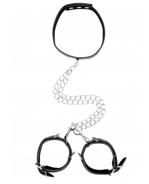 Black & White Bonded Leather Collar With Hand Cuffs - With Adjustable Straps and chain