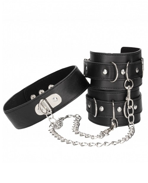 Black & White Bonded Leather Collar With Hand Cuffs - With Adjustable Straps and chain