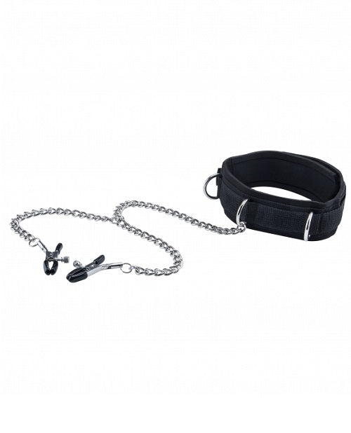 Black & White Velcro Collar With Nipple Clamps - With Adjustable Straps