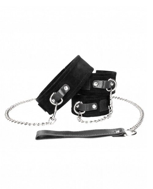 Black & White Velcro Collar With Leash And Hand Cuffs - With Adjustable Straps