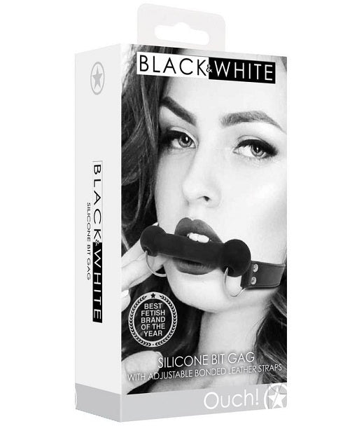Black & White Silicone Bit Gag with Adjustable Bonded Leather Straps - Black