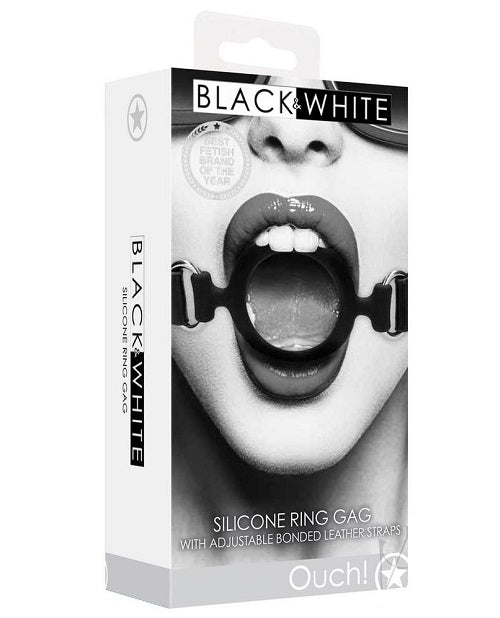 Black & White Silicone Ring Gag with Adjustable Bonded Leather Straps - Black