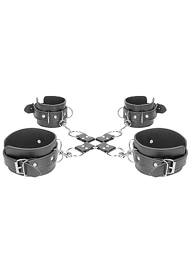 Black & White Bonded Leather Hogtie with Hand and Ankle Cuffs - Black